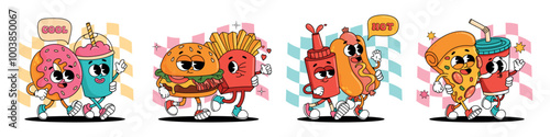 Cartoon Fast Food Characters Walking Together