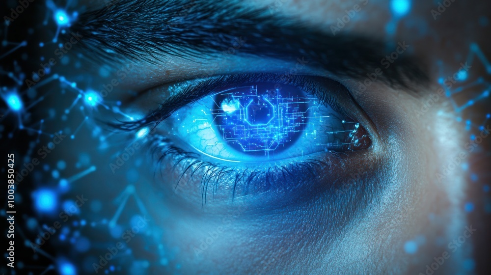 Close-up of a human eye with futuristic digital overlays, symbolizing concepts of cyberspace, augmented reality, or advanced biometric technology in a sci-fi context. Close-up of a human eye with futuristic digital overlays, symbolizing concepts of cyberspace, augmented reality, or advanced biometric technology in a sci-fi context.