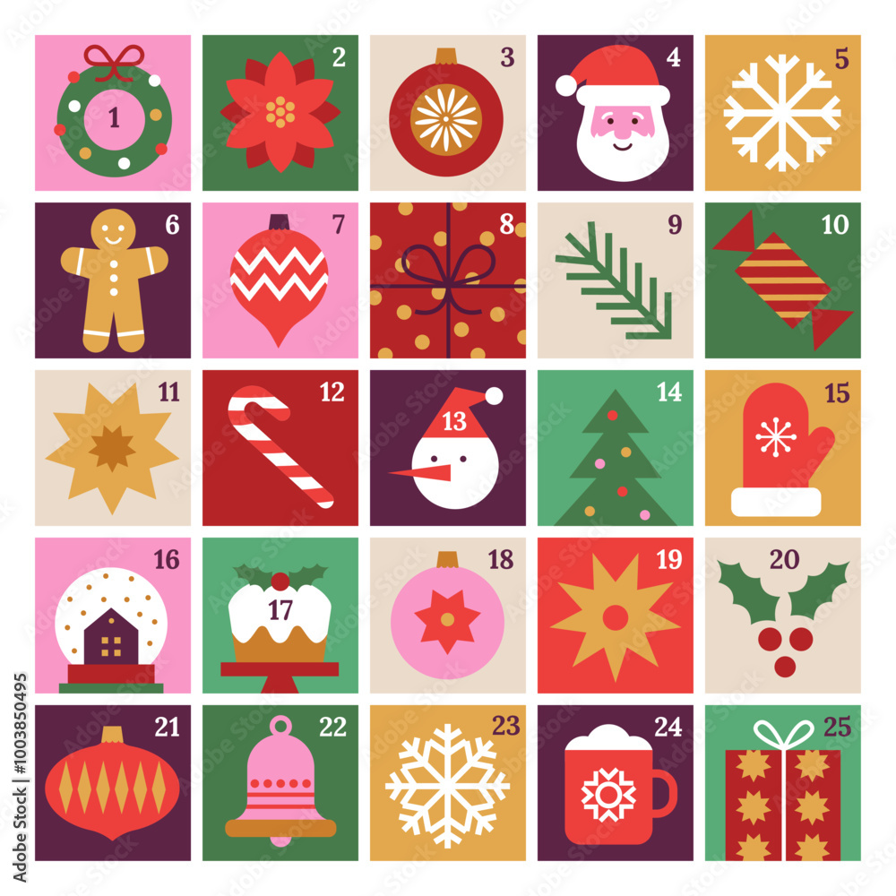 Fototapeta premium Merry Christmas advent calendar with geometric icons. Modern minimalist holiday stickers. Candy cane, Santa, Christmas tree, holly, gifts. Xmas poster, banner, card. Vector flat illustration.