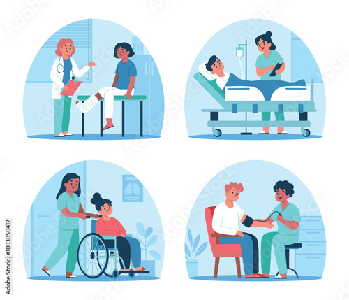 Healthcare professionals assisting patients in medical scenarios