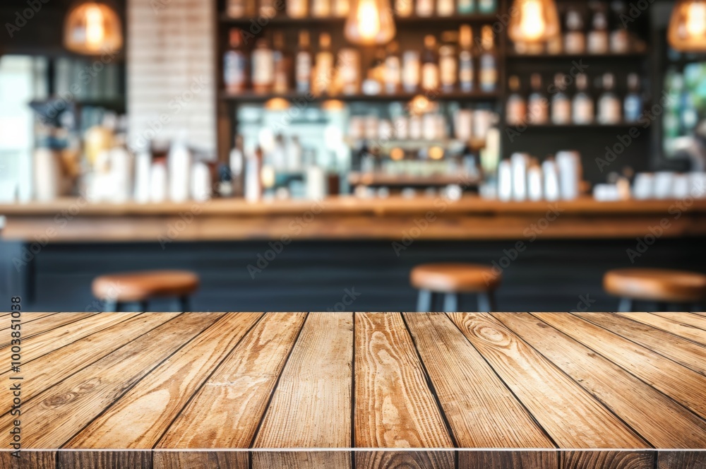 Empty wooden tabletop with blurred cafe background Empty wooden tabletop with blurred cafe background