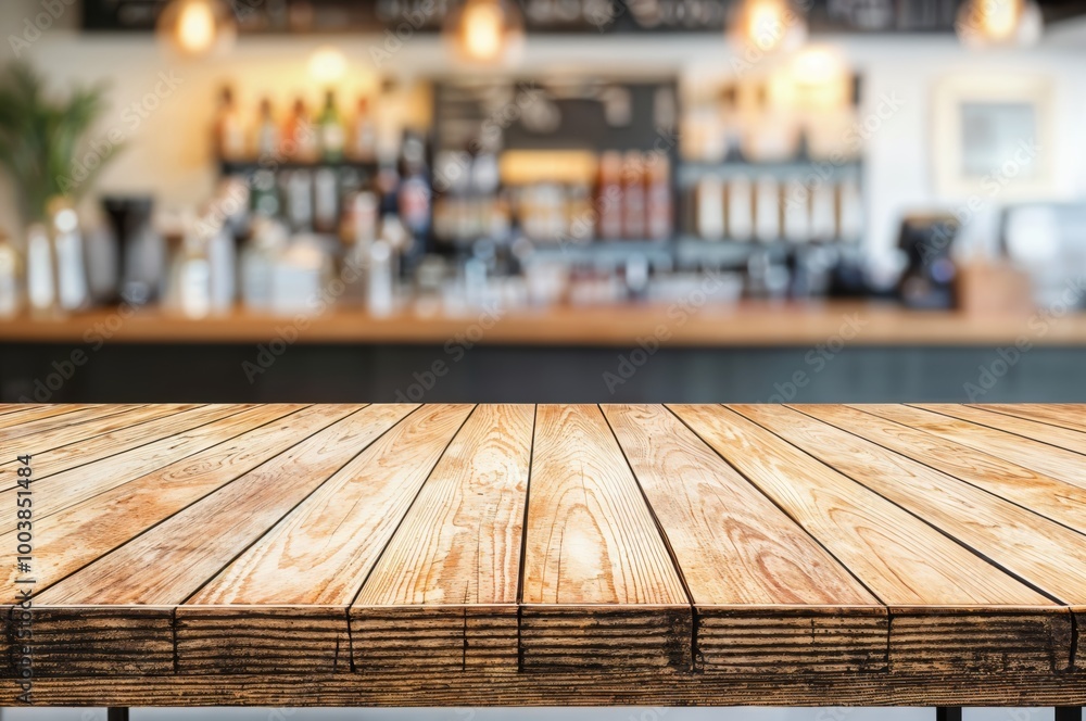 Empty wooden tabletop with blurred background of coffee shop bar counter Empty wooden tabletop with blurred background of coffee shop bar counter