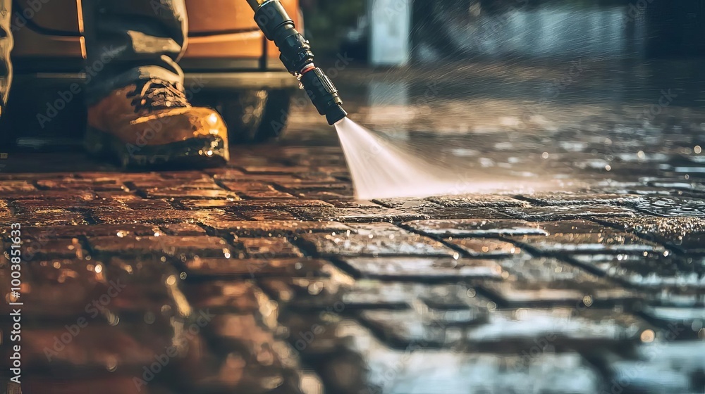 Worker using pressure washer on cobblestone surface, close-up action shot. Worker using pressure washer on cobblestone surface, close-up action shot.