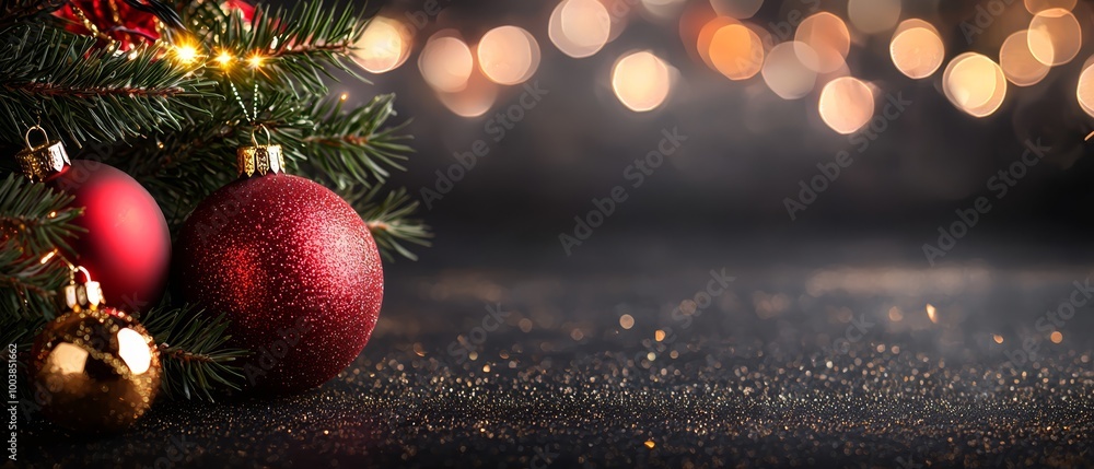 Fototapeta premium A Christmas tree topped with a red ornament and adorned by another hangs from its peak