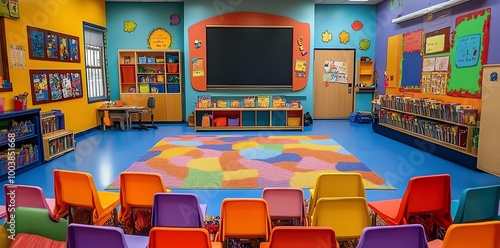 A colorful classroom with a projector screen, bookcases and colorful chairs facing a large, patterned rug. photo