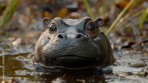 Hippopotamus emerging from water, natural habitat, calm expression, detailed features.