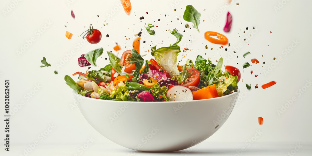Freshly prepared salad ingredients tossed in the air against a clean white backdrop Freshly prepared salad ingredients tossed in the air against a clean white backdrop