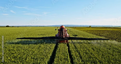 The farmer in his tractor sprays the industrial green wheat farm field