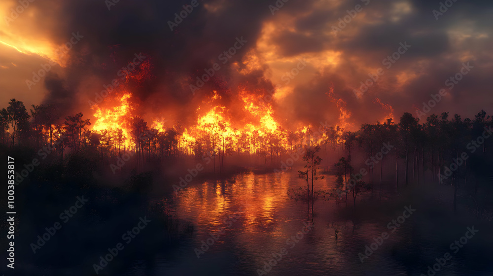 Fiery Inferno Consumes Forest, Reflecting in Water Fiery Inferno Consumes Forest, Reflecting in Water