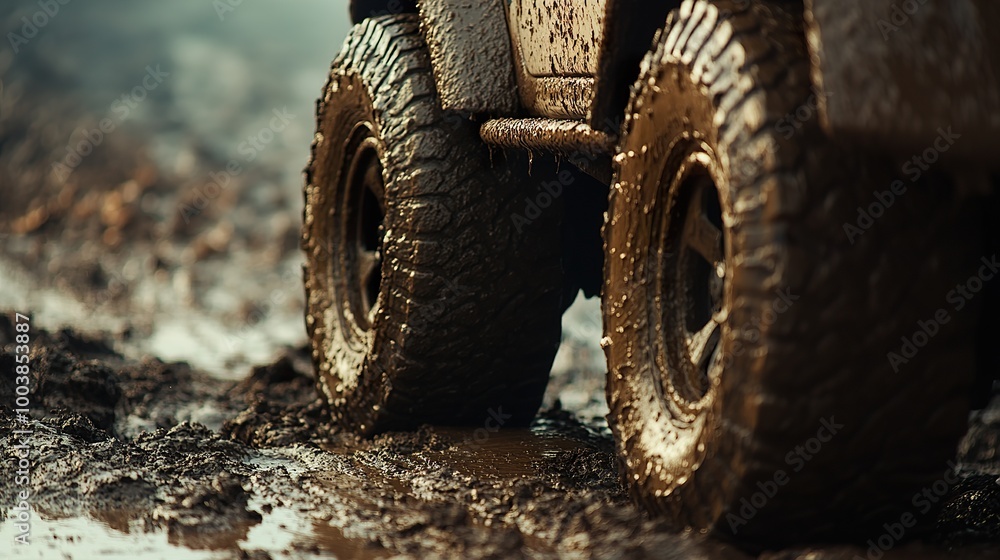 A close-up of the tire and wheels on an SUV or an off-road vehicle driving through mud, car racing off-road, car driving at high speed. A close-up of the tire and wheels on an SUV or an off-road vehicle driving through mud, car racing off-road, car driving at high speed.