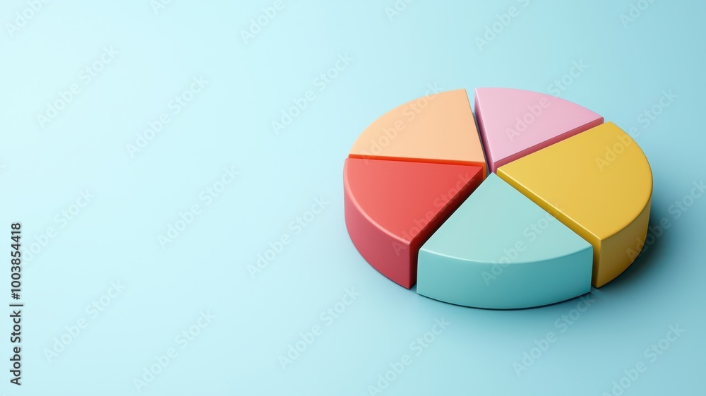 A colorful pie chart made of segments in pastel colors, placed on a light blue surface, ideal for illustrating data presentation.