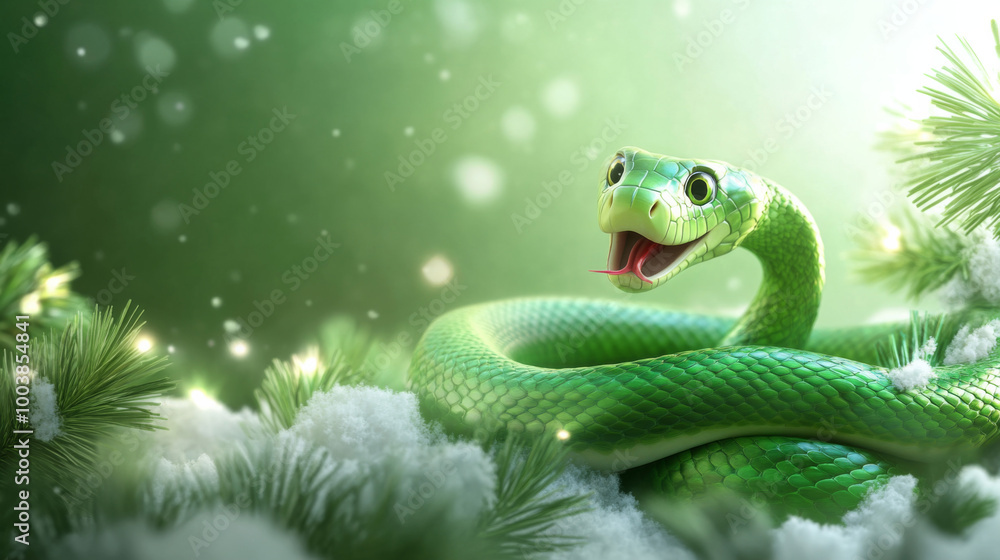 Fototapeta premium A vibrant green snake coiled among snow-covered greenery during a winter day
