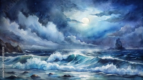 Moody ocean landscape with dramatic waves and a full moon illuminating the night sky 