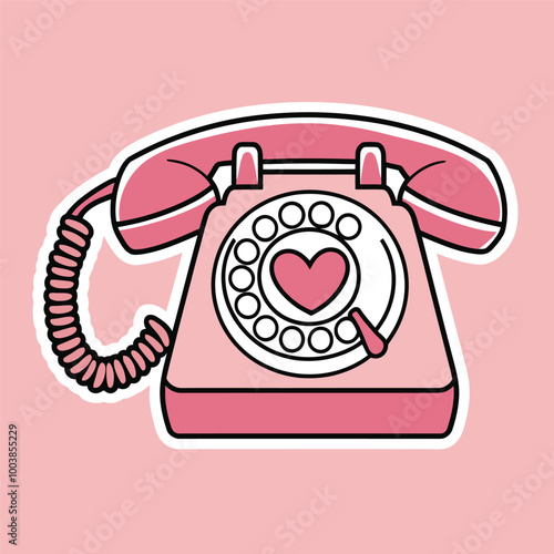 Pink vintage telephone with heart illustration
