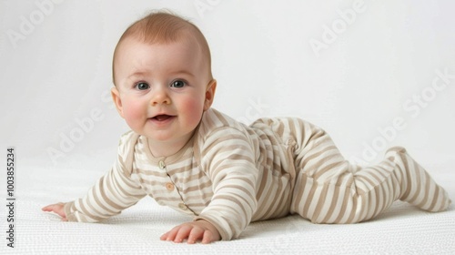 A cheerful baby wearing a striped onesie lies on their stomach, looking directly at the camera with a smile.