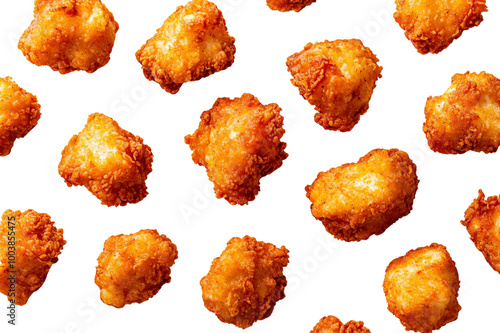 Golden fried popcorn chicken pieces isolated on a transparent background, PNG file, each bite-sized, crunchy on the outside and juicy on the inside, arranged in a scattered pattern photo