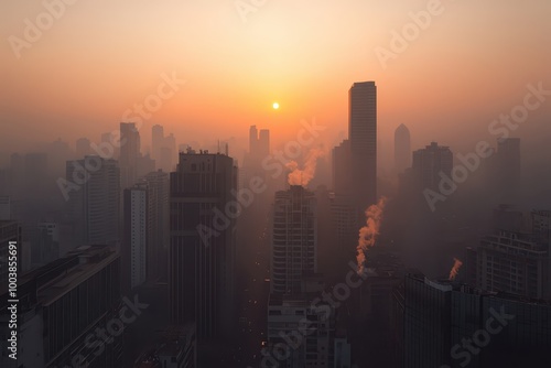 Wallpaper Mural A hazy urban skyline bathed in the warm glow of sunrise, with skyscrapers silhouetted against the rising sun amidst pollution. Torontodigital.ca