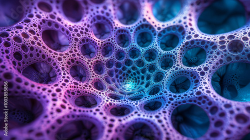 Abstract cellular structure, bioluminescent organisms, microscopic view, vibrant purple and blue colors, intricate network of bubbles, organic patterns, fractal-like formations, glowing membranes,