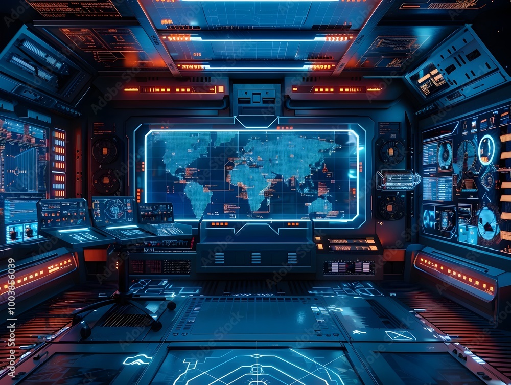 Futuristic Holographic Control Room with Digital System Interfaces and Mission Data Displays Futuristic Holographic Control Room with Digital System Interfaces and Mission Data Displays