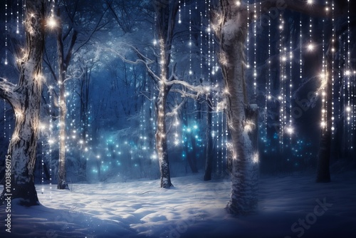 christmas background with snowy fir forest illuminated with christmas lights