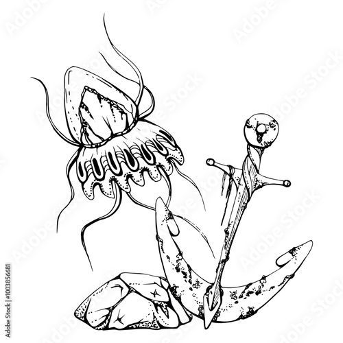 Jellyfish medusa with anchor, Marine life, sea ocean underwater creatures animal, Ink and pen sketch hand drawn. Composition illustration, stylized isolated on white. Shop, aquarium, cosmetics, resort