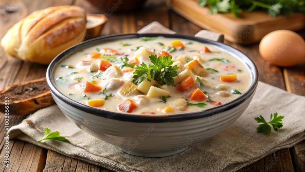 Delicious homemade chowder in a rustic bowl with fresh herbs and bread Delicious homemade chowder in a rustic bowl with fresh herbs and bread