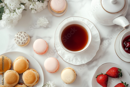 Wallpaper Mural Flat lay of elegant tea, afternoon tea on white marble background luxury concept. Torontodigital.ca