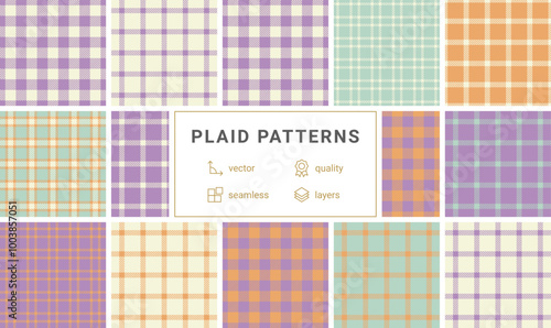 A collection of plaid patterns with colorful checks, ideal for textile, fabric, clothing, or celtic-inspired backgrounds.