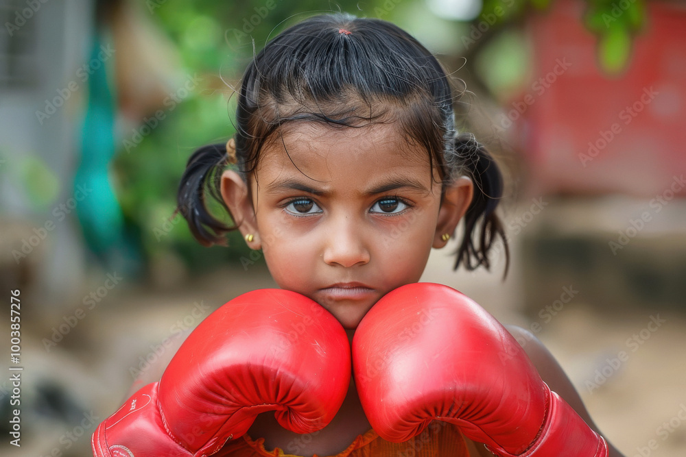 A young girl wearing a red boxing glove A young girl wearing a red boxing glove