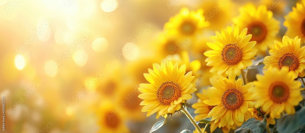 Bright Sunflowers in a Sunlit Field with a Warm Golden Glow and Soft Focus Background Bright Sunflowers in a Sunlit Field with a Warm Golden Glow and Soft Focus Background