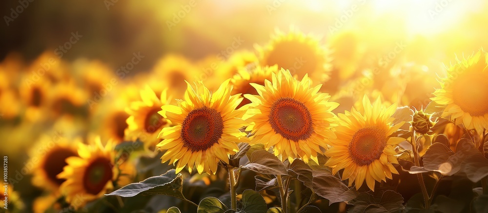 Fototapeta premium Sunlit Field of Vibrant Sunflowers in Full Bloom During a Golden Hour Sunset