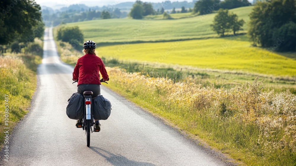 Obraz premium Biker traveling on a scenic rural road surrounded by green fields