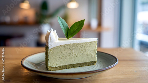 Wallpaper Mural A delicious slice of green tea cheesecake served on a plate in a cozy cafe setting with a soft, warm background perfect for dessert and food photography.  Torontodigital.ca