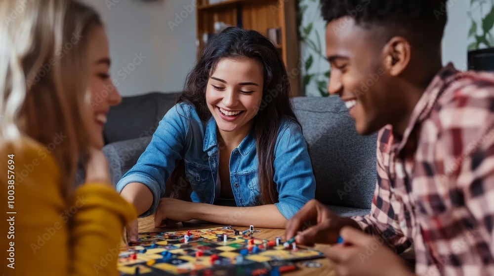 Friends enjoying a fun game night together at home, smiles and laughter abound. Friends enjoying a fun game night together at home, smiles and laughter abound.
