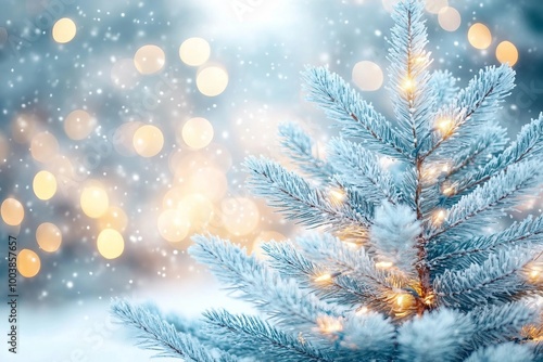 Long banner of white snowy Christmas tree background outdoor, lights bokeh around, and snow falling, Christmas atmosphere.