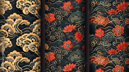 Asian patters set of Chinese or Japanese seamless traditional background