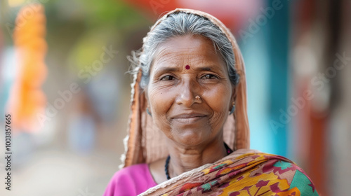 A woman wearing a colorful sari is smiling photo