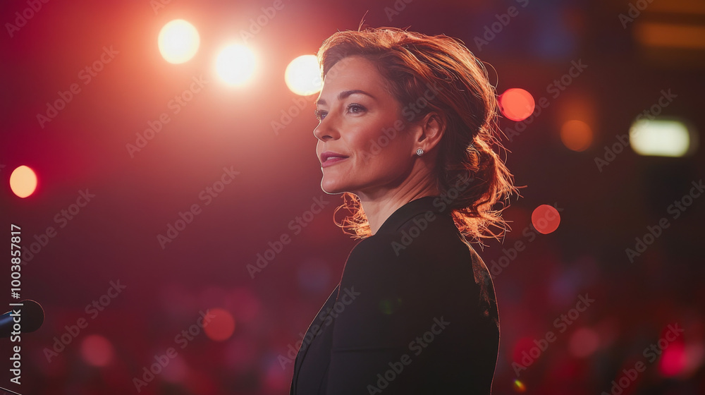 Woman speaking confidently at a public event during evening hours with bright lights illuminating Woman speaking confidently at a public event during evening hours with bright lights illuminating