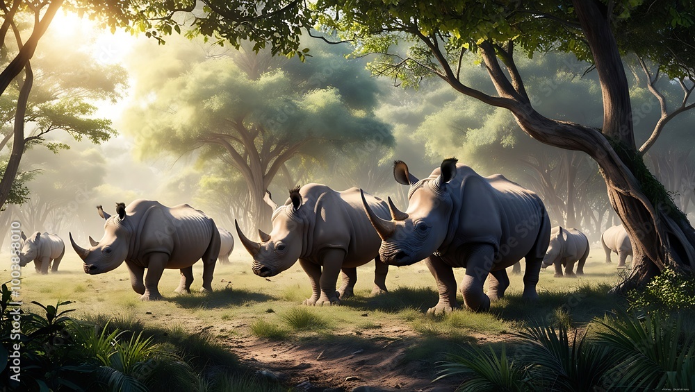This striking image captures a pair of majestic rhinoceroses as they explore a forest clearing, showcasing their adaptability to navigate different environments. This striking image captures a pair of majestic rhinoceroses as they explore a forest clearing, showcasing their adaptability to navigate different environments.