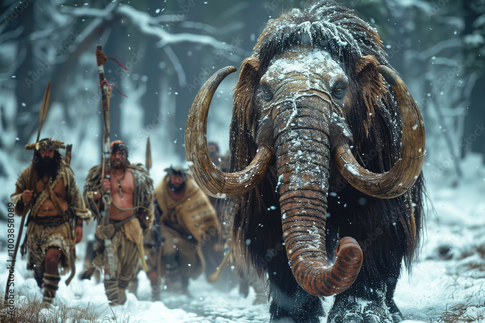 Stone Age mammoth predator surrounded by primitive men with weapons. Stone Age mammoth predator surrounded by primitive men with weapons.