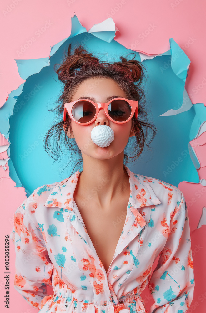 A woman in a pink shirt and sunglasses is blowing bubbles A woman in a pink shirt and sunglasses is blowing bubbles