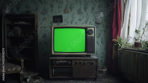 Old TV turning on with green screen for video masking