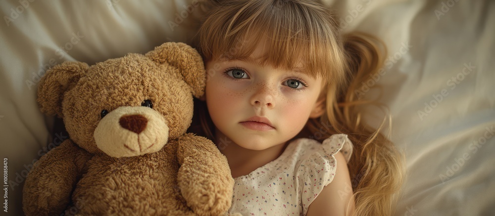 A little girl with blonde hair lies in bed with a teddy bear, looking thoughtfully at the camera. A little girl with blonde hair lies in bed with a teddy bear, looking thoughtfully at the camera.