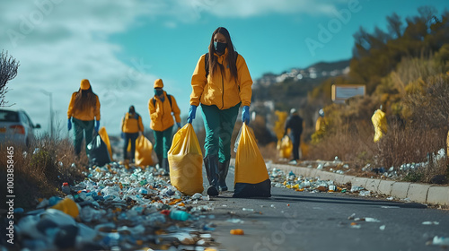 Volunteers Cleaning Up Trash Along Roadside photo