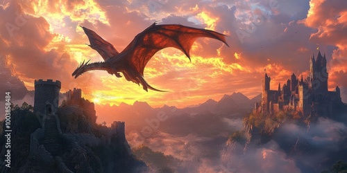 A majestic dragon soars through a fiery sunset sky above two castles perched high on mountain peaks. photo