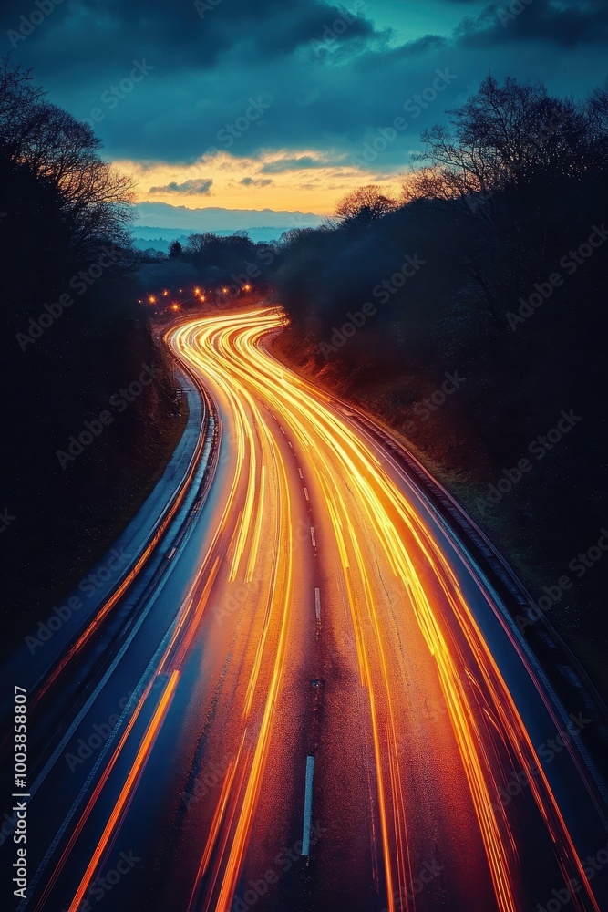 Long Exposure of Car Light Trails on a Curved Road at Dusk with Dramatic Sky and Trees in the Background