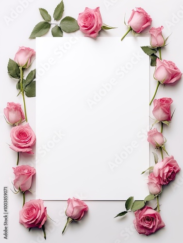 Vertical top view blank card red and pink rose love and wedding decoration Valentines day background