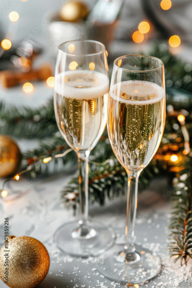 Two champagne glasses are on a table with a Christmas tree and ornaments Two champagne glasses are on a table with a Christmas tree and ornaments