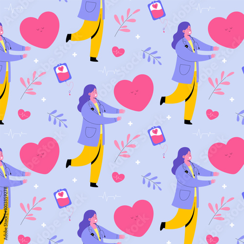 Seamless pattern with female doctor and medical elements