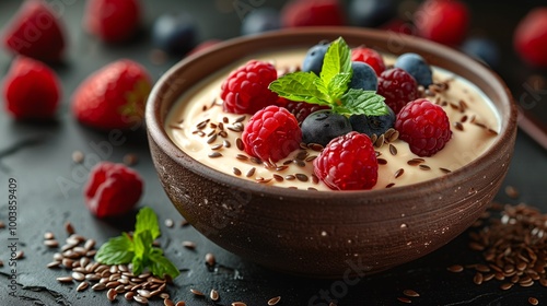 Yogurt with fresh berries and flax seeds